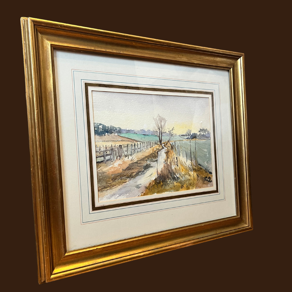 Original Watercolour Landscape Painting Framed Rural Country Lane Signed 1991