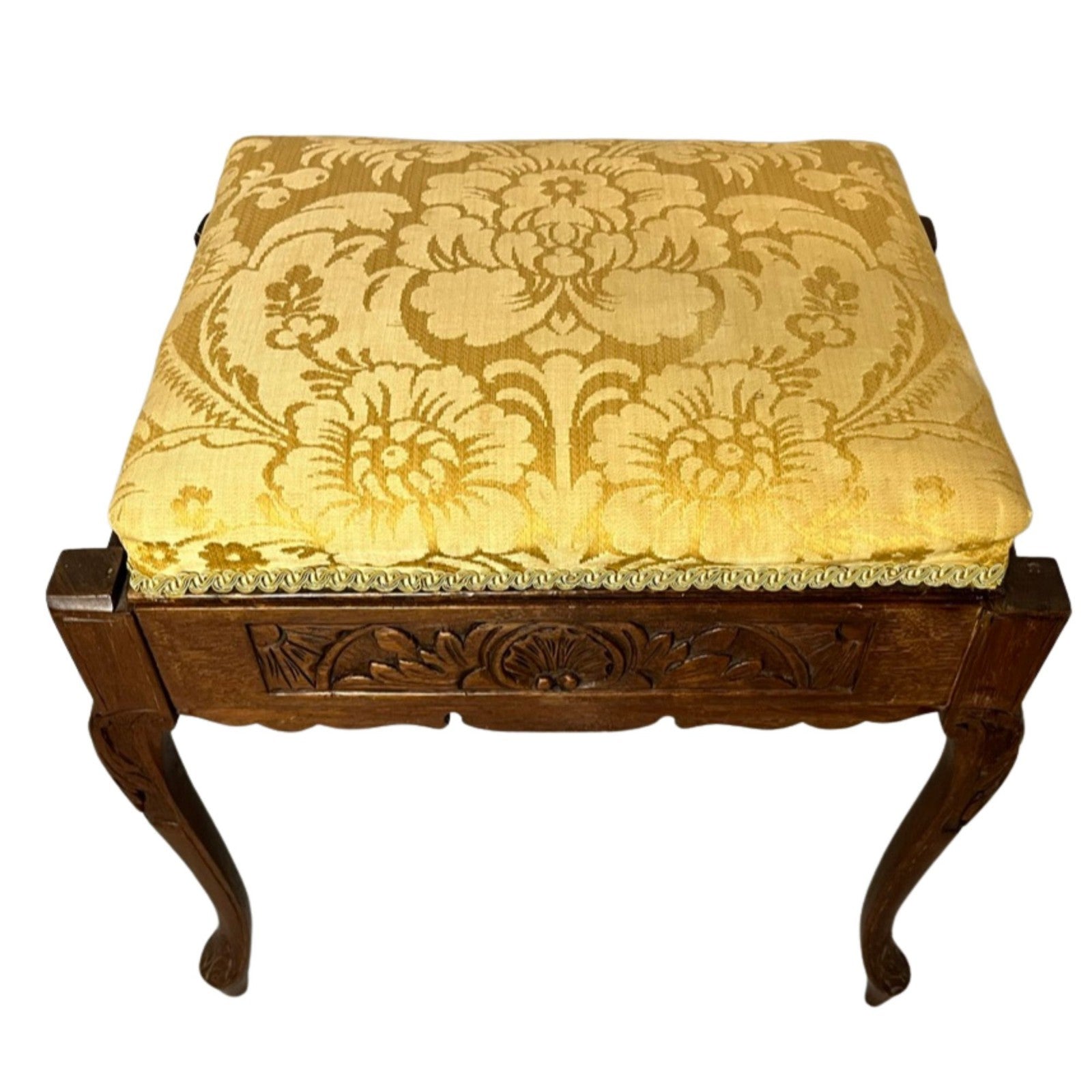 Vintage Carved Wooden Piano Stool With Storage Upholstered Seat Queen Anne Style