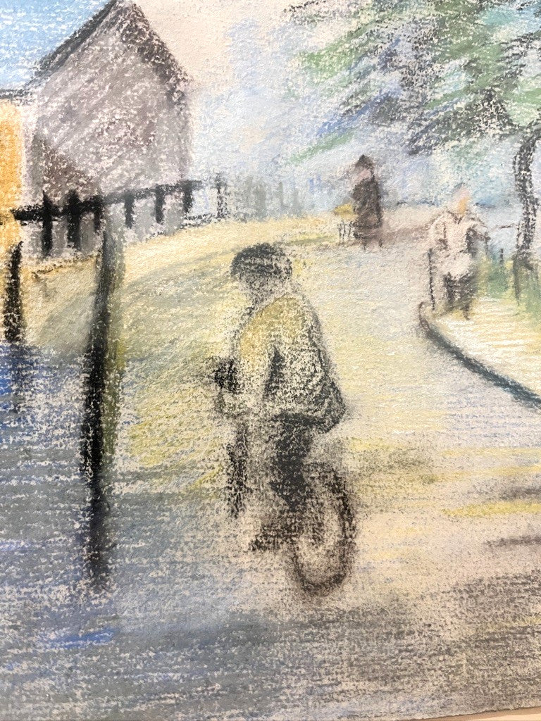 Vintage Signed Pastel Art by Elsie Bowyer – Framed Village Street Scene 60x49cm