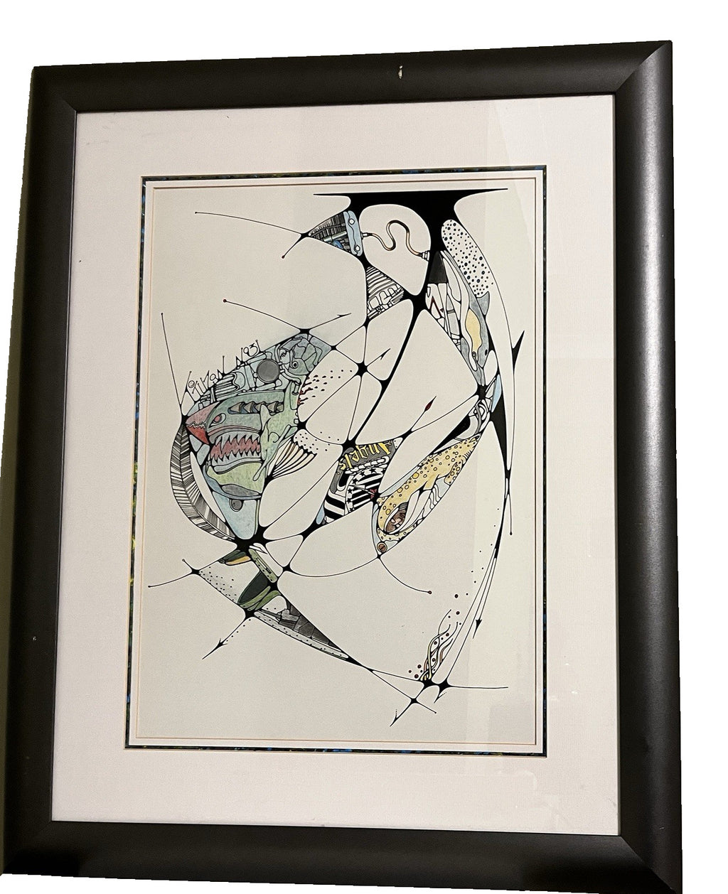 Framed Abstract Drawing Signed Tuzan N93 Colourful Surreal Art Design | 71x58cm