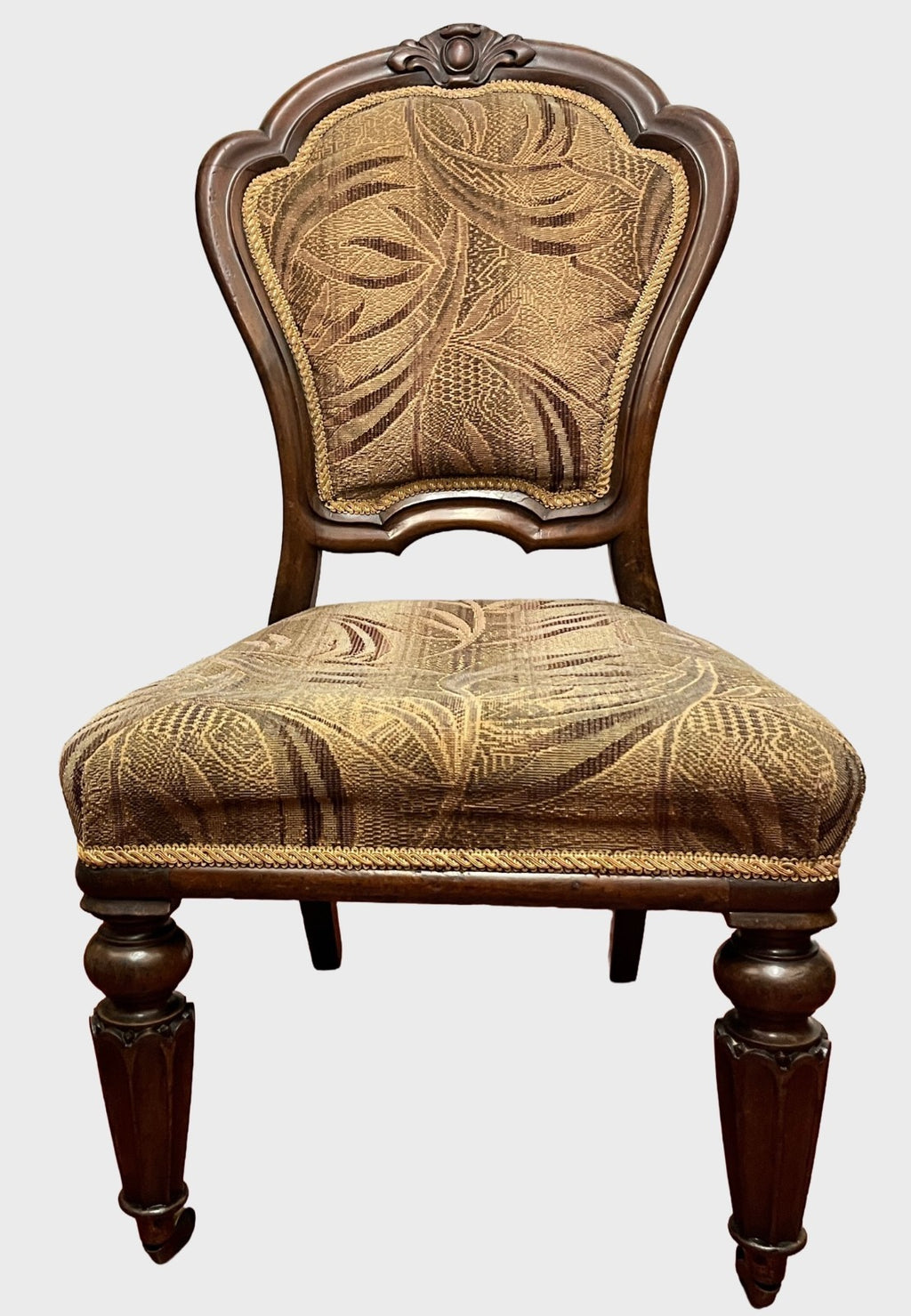 Vintage Upholstered Bedroom Chair Slipper Chair Wooden Carved Brass Castors 92cm