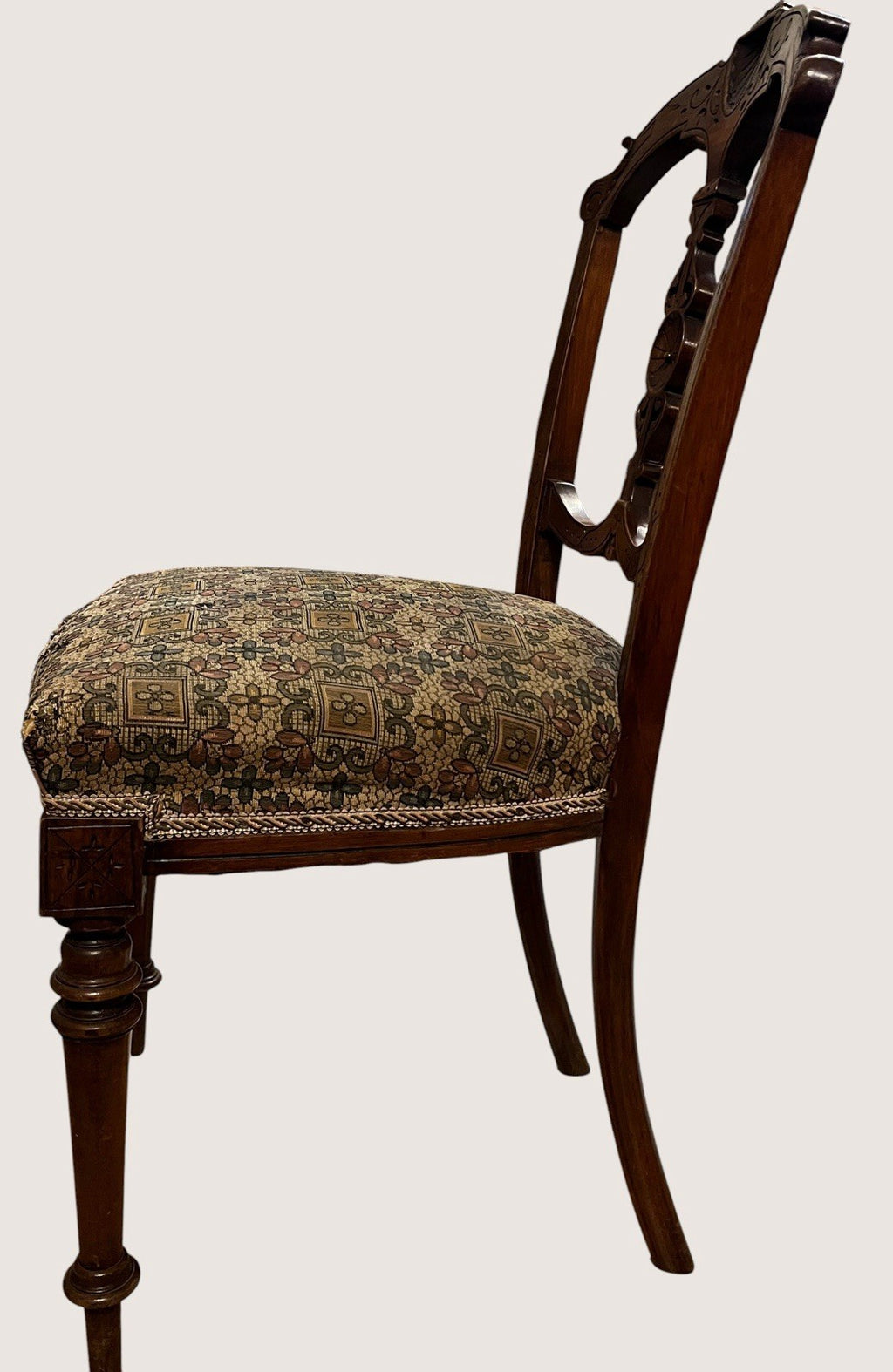 Antique Edwardian Carved Wooden Dining Chair – Upholstered Seat Side Chair