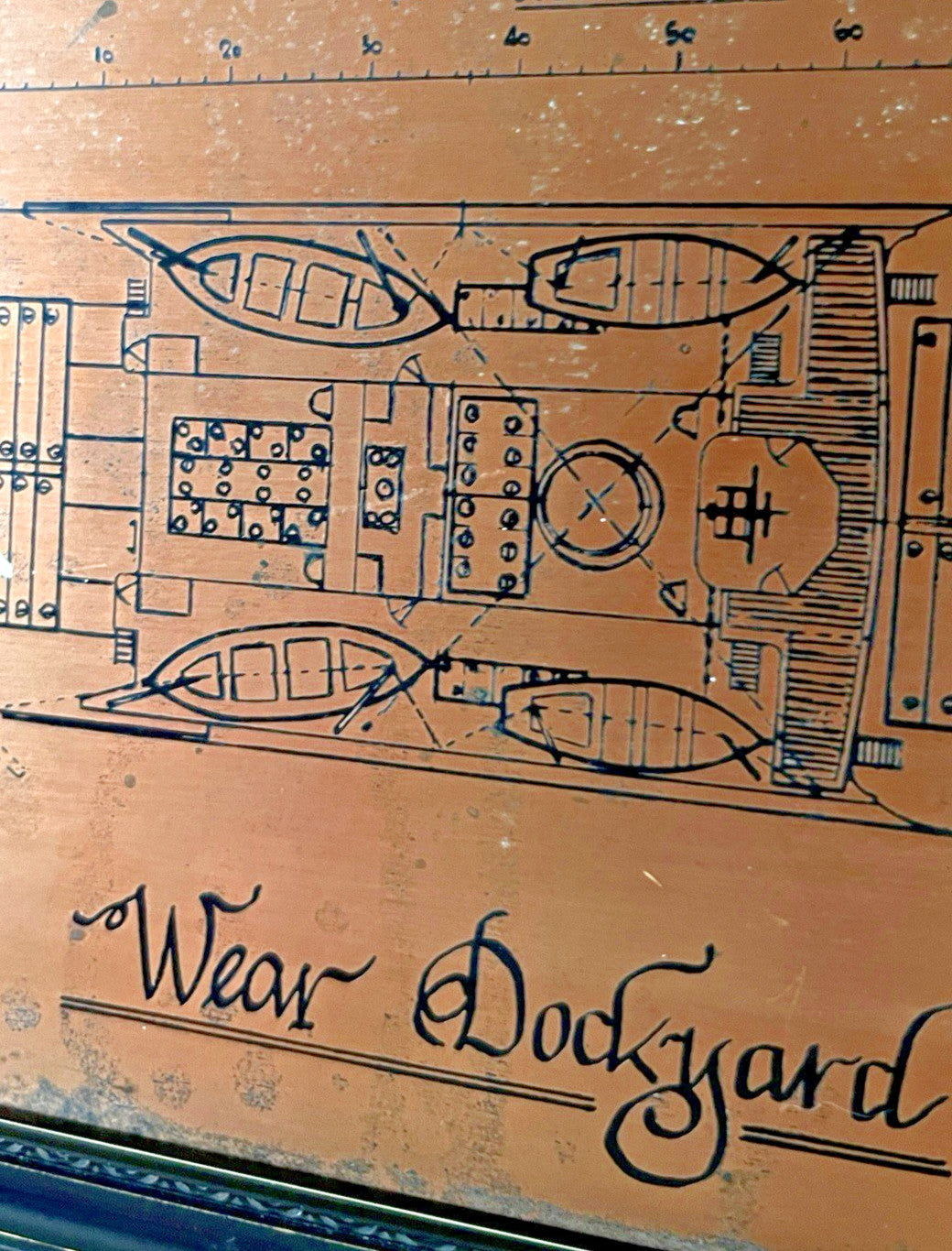 Antique Copper Engraving Ship Plan “S.S. Harbury” Wear Dockyard 1895