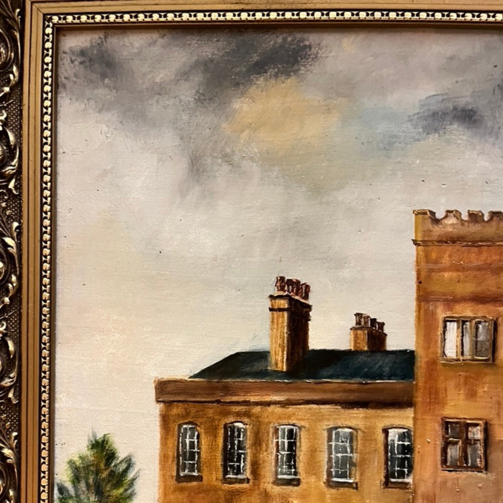 Large Original Oil Painting English Manor House Country Estate Framed Signed 198