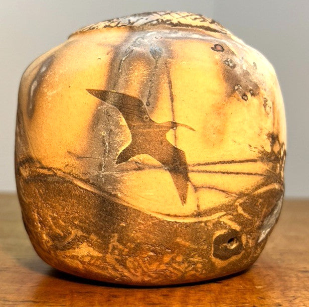 Raku Studio Pottery Cube Sculpture Bird Motif Smoke Fired Art Pot 10cm