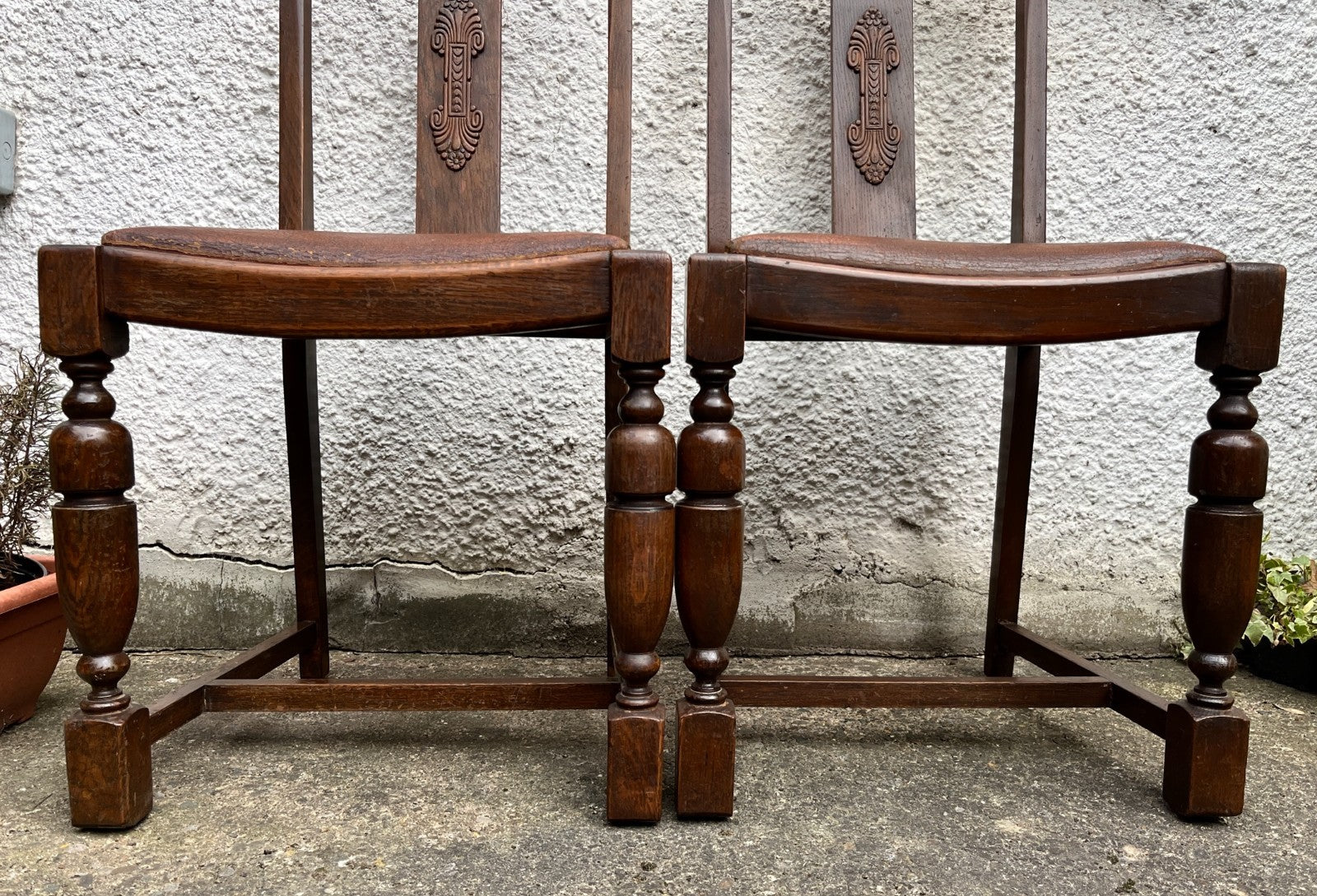 Pair Vintage Oak Dining Chairs Tudor Jacobean Farmhouse Carved Wooden Chairs