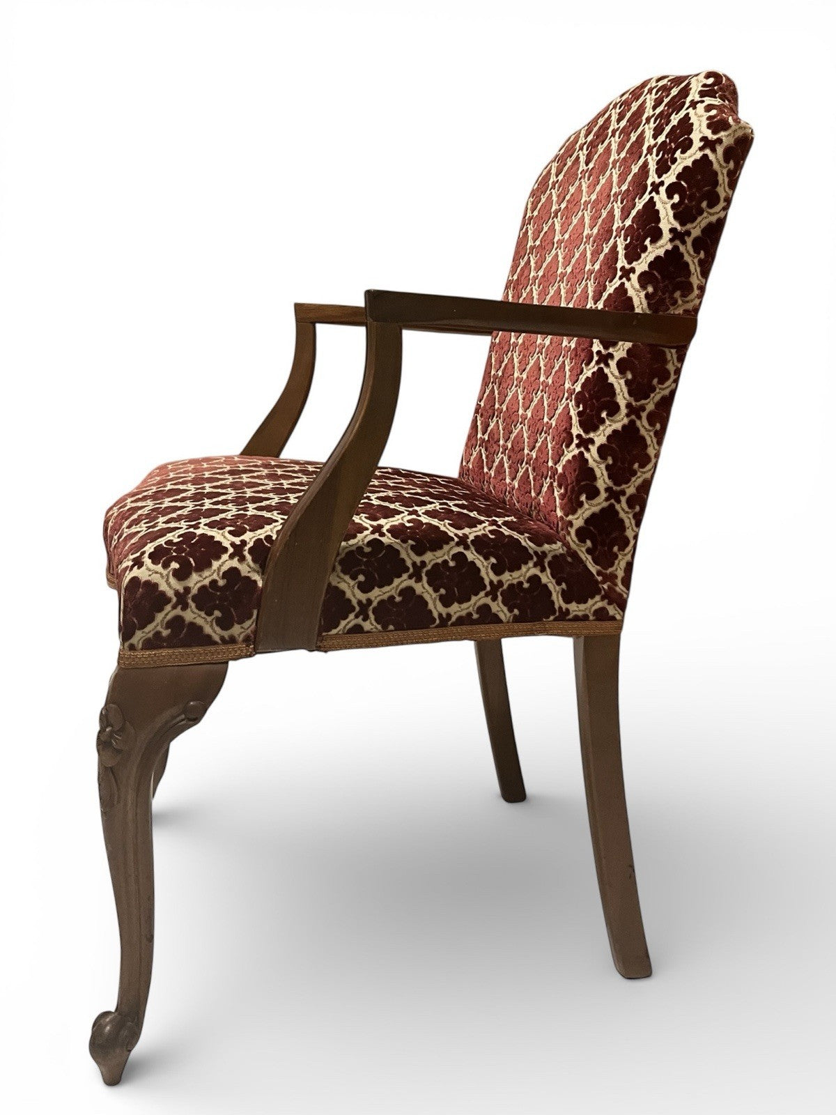 Antique Upholstered Armchair 93cm High 57cm Wide Red Pattern Fabric Wooden Frame