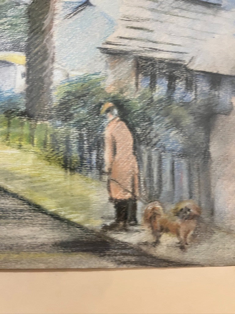 Vintage Signed Pastel Art by Elsie Bowyer – Framed Village Street Scene 60x49cm