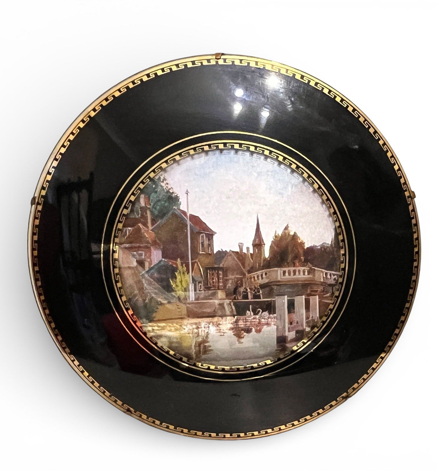 Vintage Set of 9 Wall Plaques Black Gold Nature & Coastal Village Scenes Round
