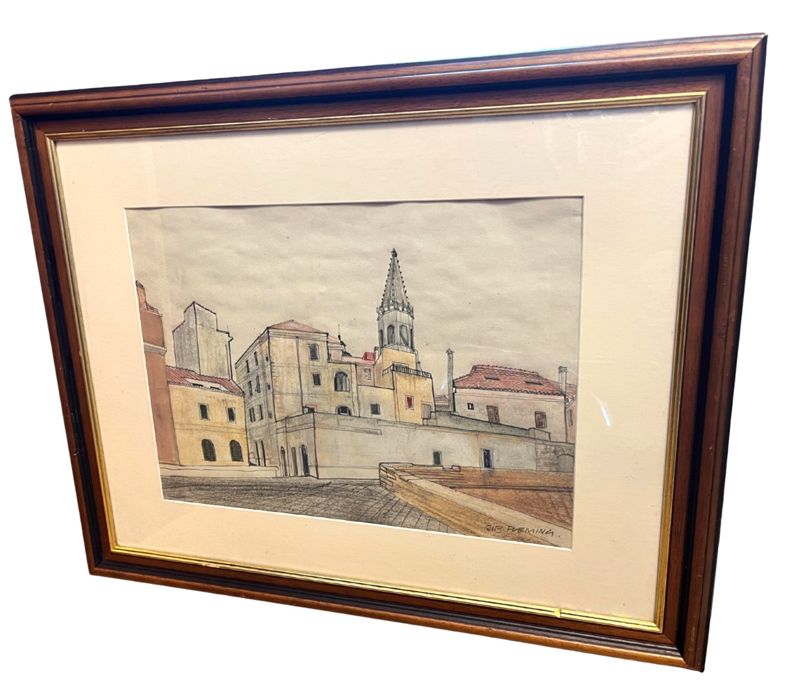 Vintage Rip Fleming Signed Architectural Drawing Framed Artwork 71x58cm