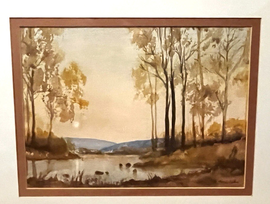 Evening Woodland Lake Watercolour Painting Framed 56x45cm Signed N. Jackson
