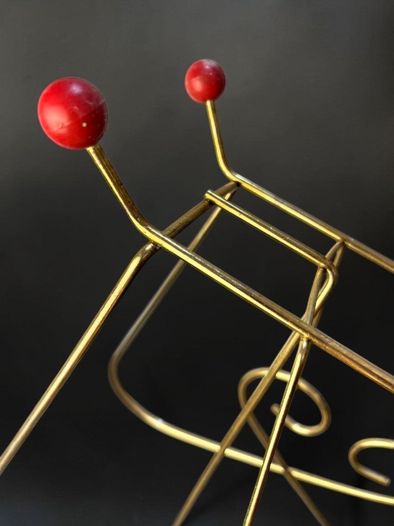 Atomic Wire Magazine Rack Mid Century Metal Record Holder with Red Ball Feet