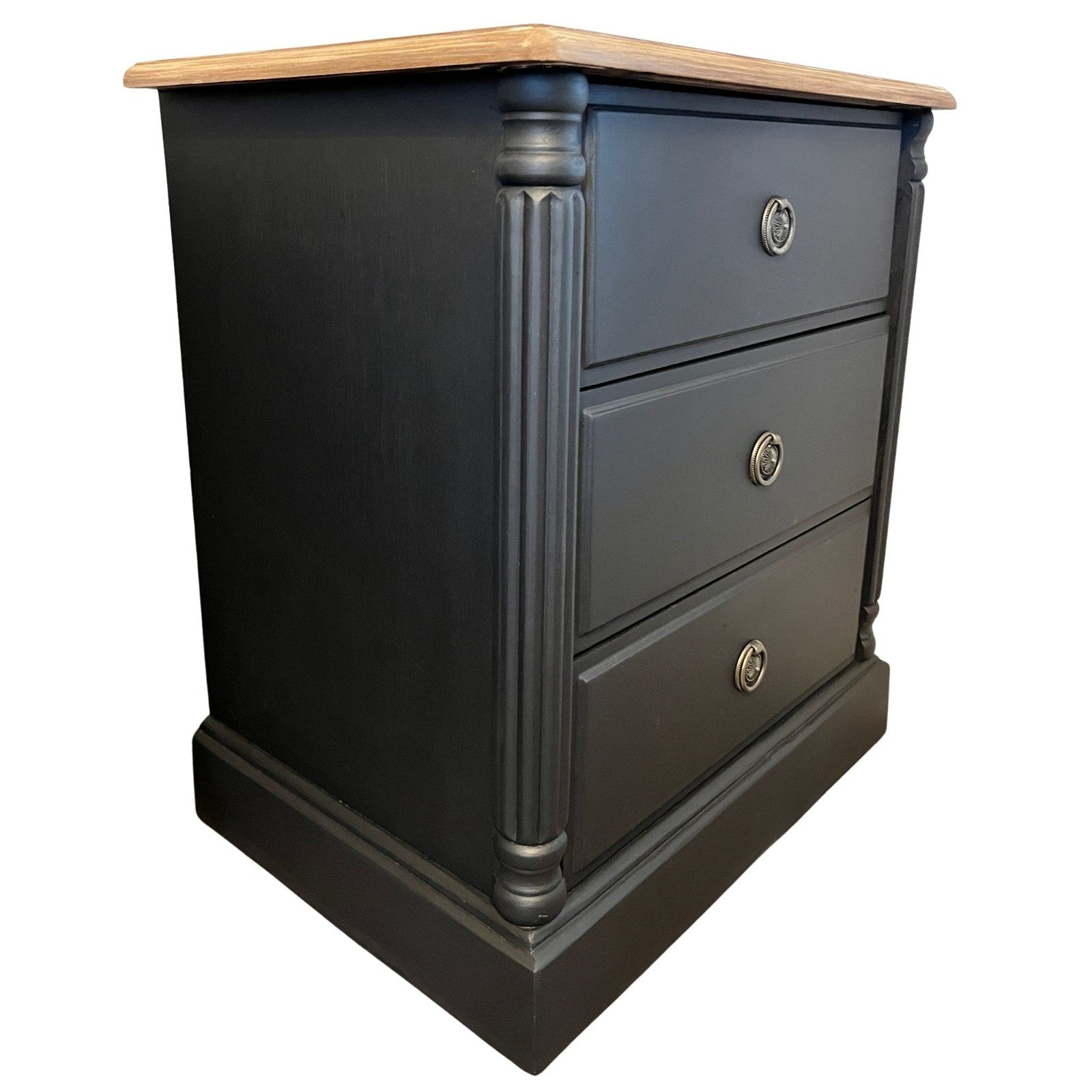 Refinished Black Bedside Tables Pair Vintage Nightstands Wood Top 3 Drawer Cabin