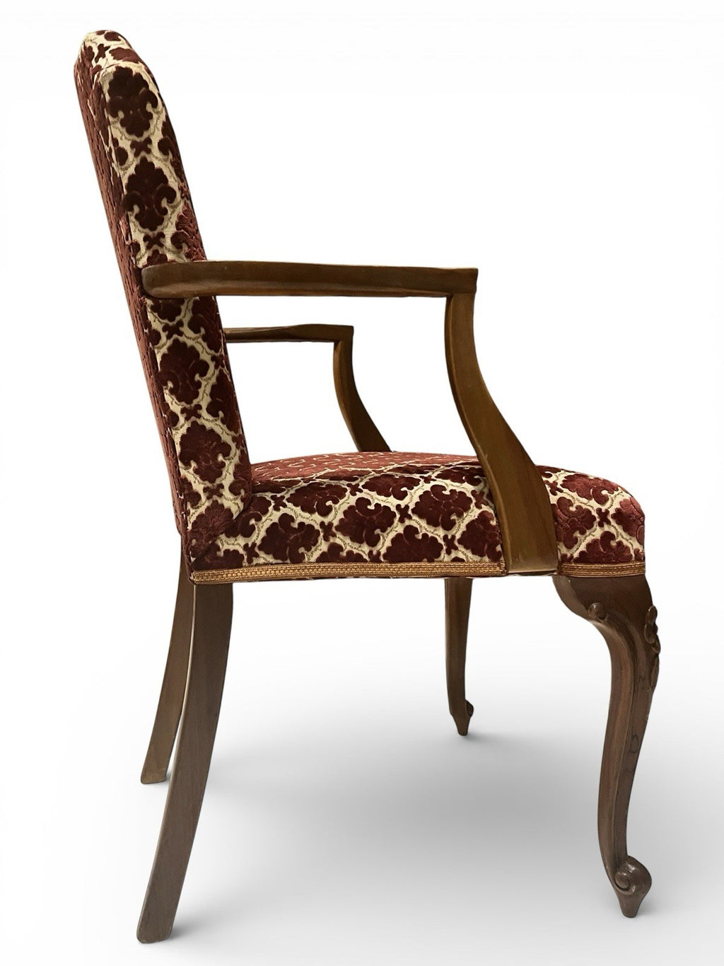 Antique Upholstered Armchair 93cm High 57cm Wide Red Pattern Fabric Wooden Frame