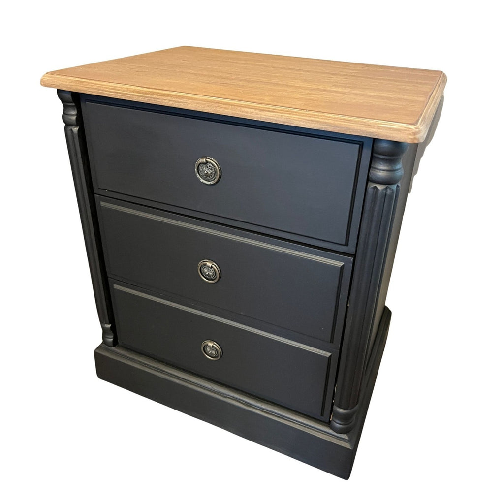 Refinished Black Bedside Tables Pair Vintage Nightstands Wood Top 3 Drawer Cabin