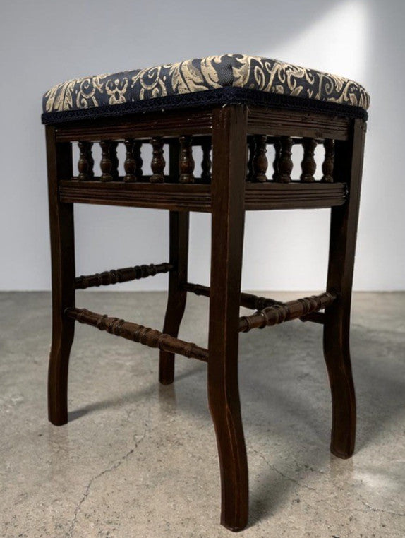 Vintage Upholstered Stool Wooden Frame Turned Legs Spindle Detail 54cm Height