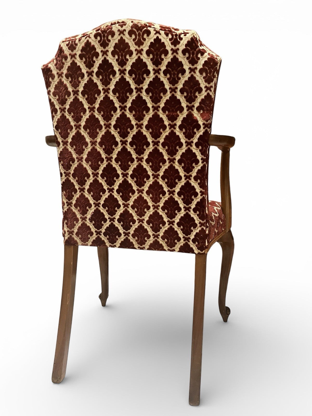 Antique Upholstered Armchair 93cm High 57cm Wide Red Pattern Fabric Wooden Frame