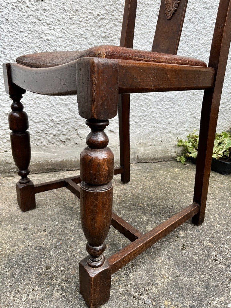 Pair Vintage Oak Dining Chairs Tudor Jacobean Farmhouse Carved Wooden Chairs