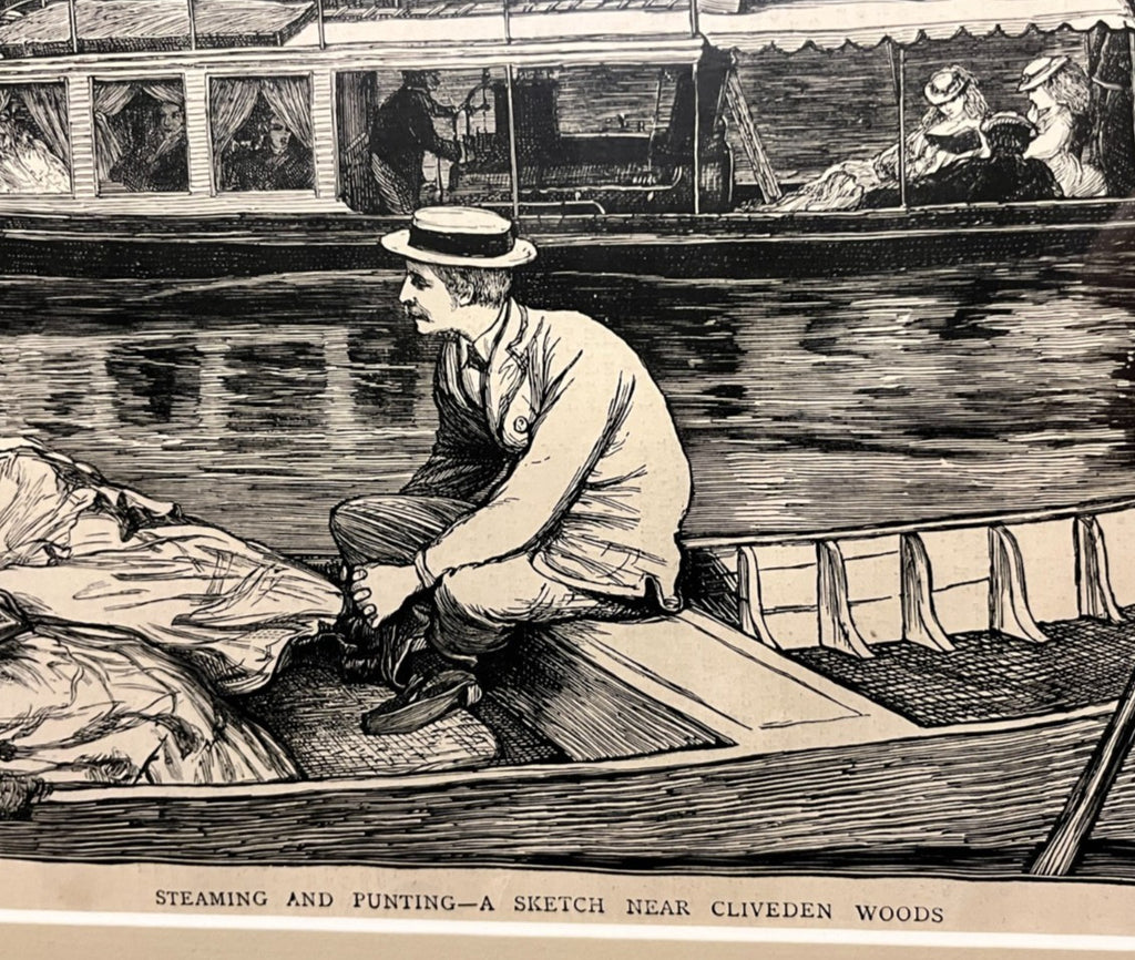 Vintage Framed Print Steaming and Punting, A Sketch Near Cliveden Woods