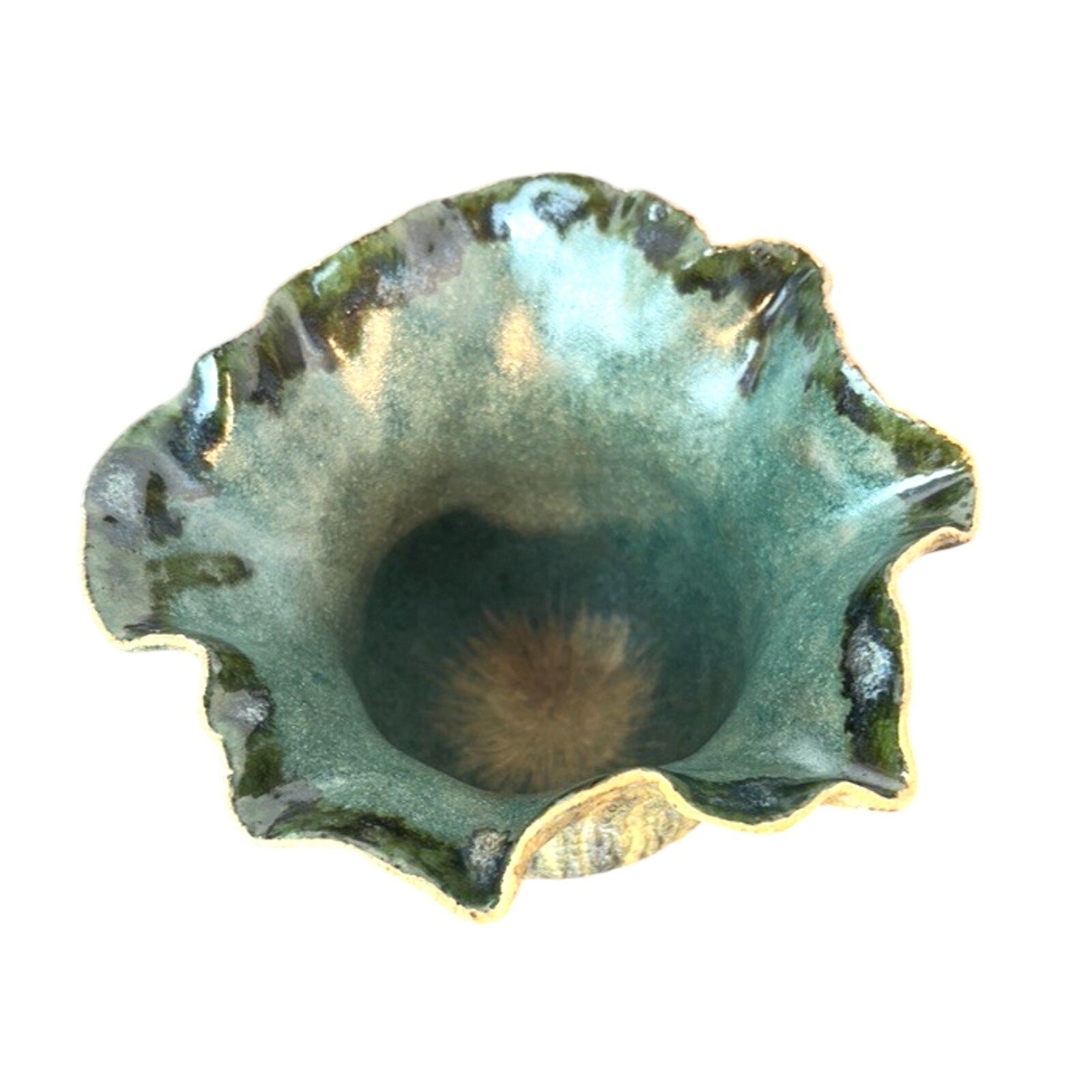 Signed Vintage Handmade Ikebana Handkerchief Pottery Vase Green Sculptural