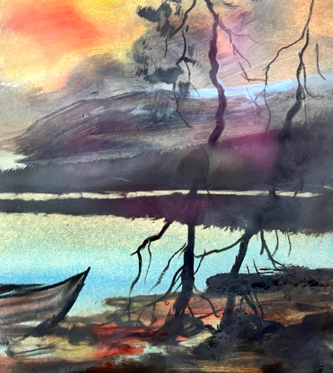 Vintage Watercolour Lake Boat Sunset Landscape Painting Framed Wall Art 49cm