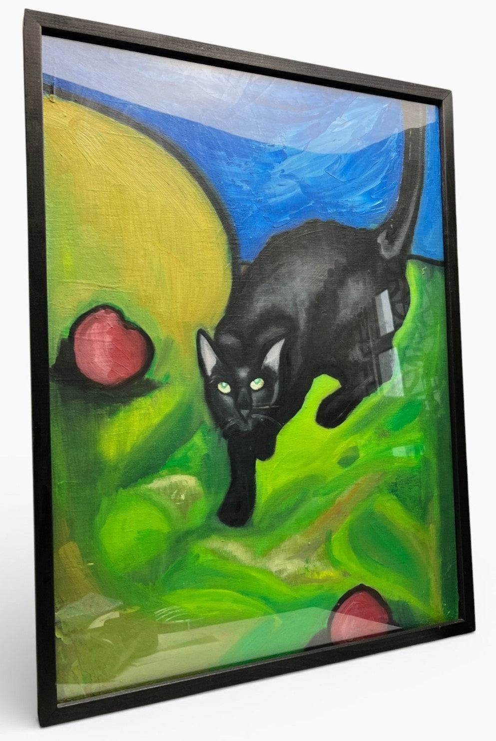 Original Black Cat Acrylic Painting Framed 62x48cm Vintage Art VGC