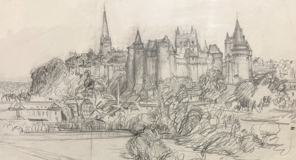Framed Pencil Sketch By Frank L. Emanuel Drawing Vitré 44x31cm French Town