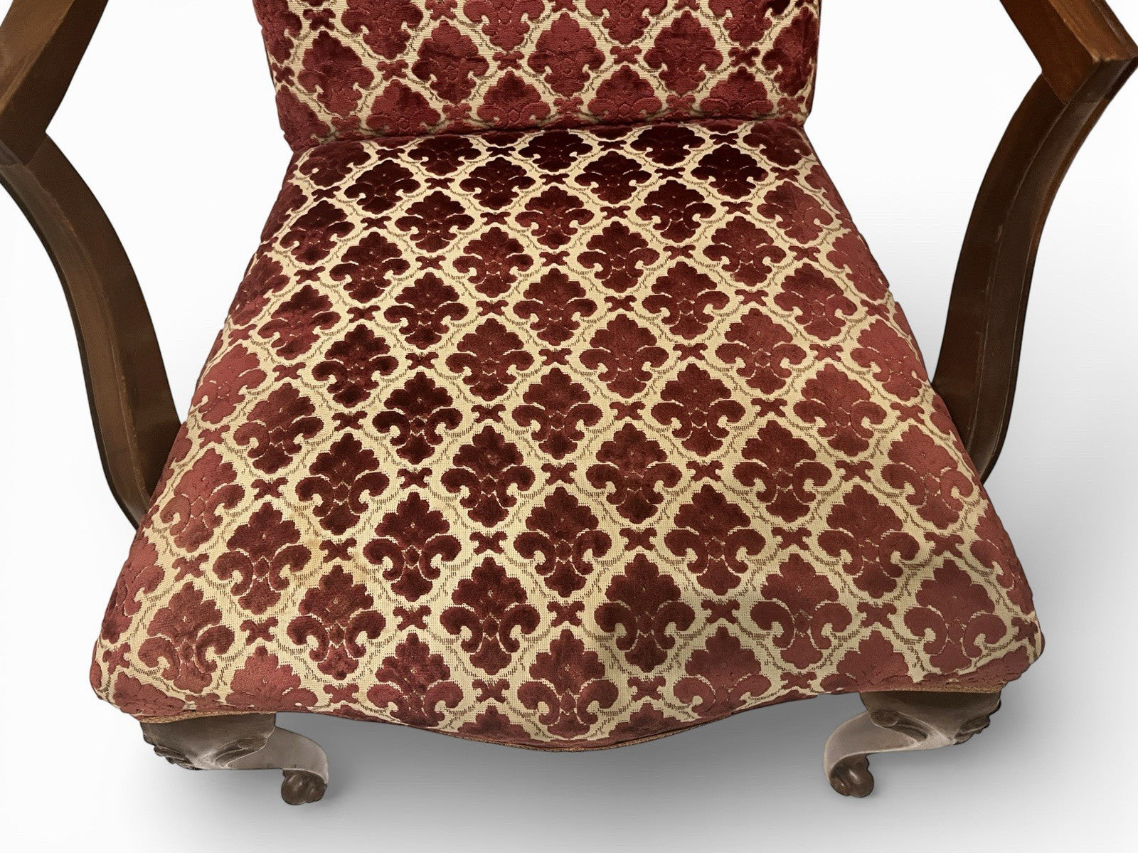 Antique Upholstered Armchair 93cm High 57cm Wide Red Pattern Fabric Wooden Frame
