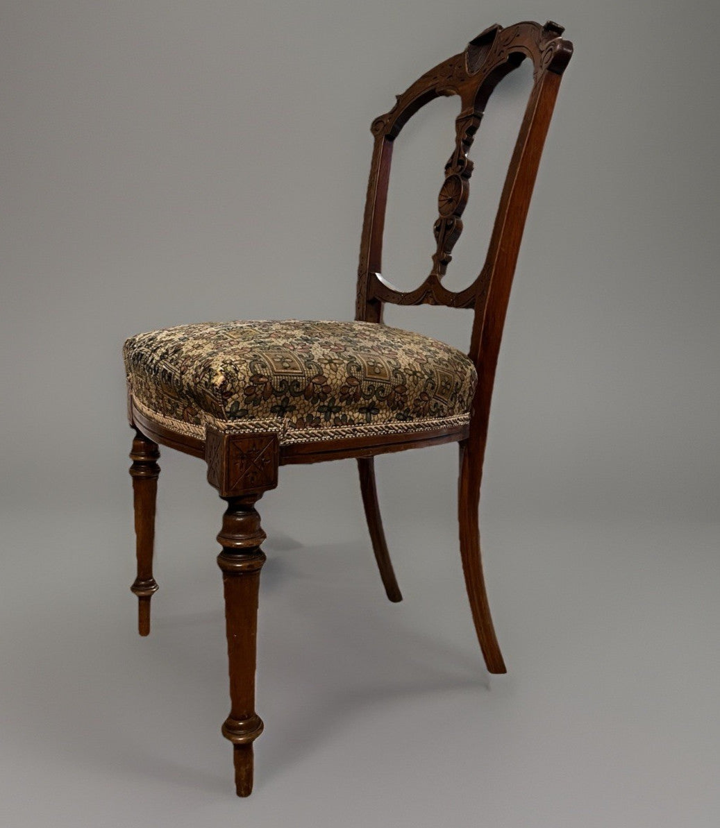 Antique Edwardian Carved Wooden Dining Chair – Upholstered Seat Side Chair