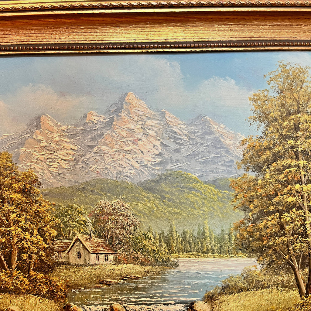 Vintage Oil Painting Mountain Landscape Signed Campbell Gold Gilt Frame 47x37cm