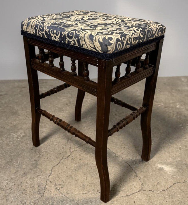 Vintage Upholstered Stool Wooden Frame Turned Legs Spindle Detail 54cm Height