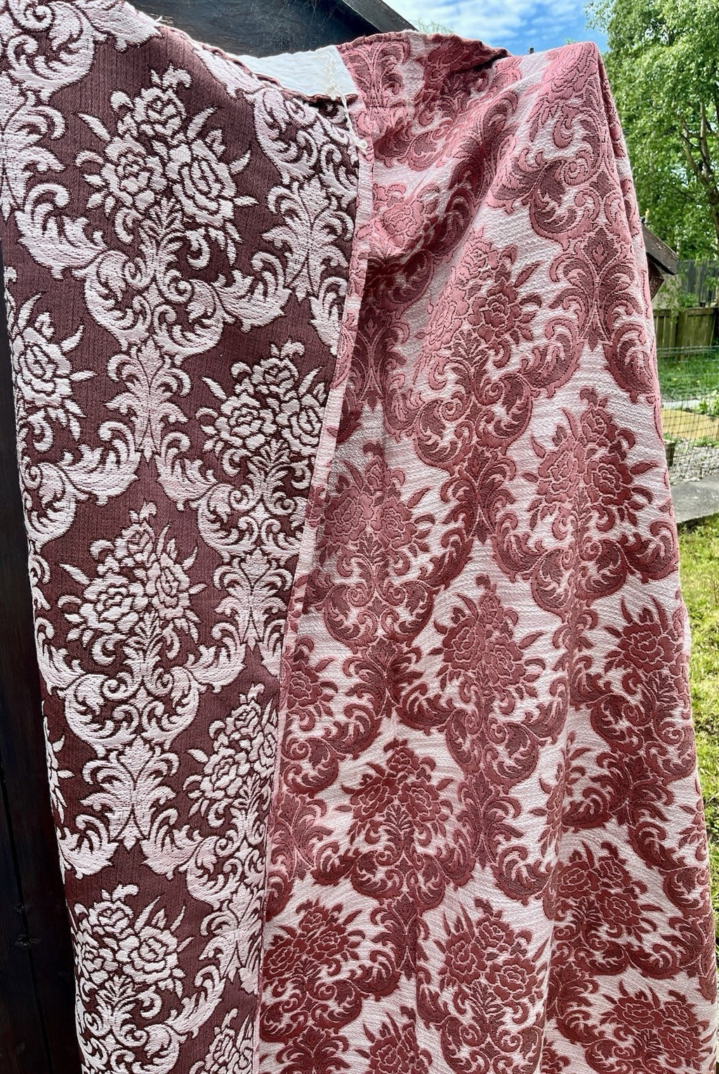 Vintage Pink Damask Curtain Panels W:140cm x D:206cm. 1970s Lightweight VGC