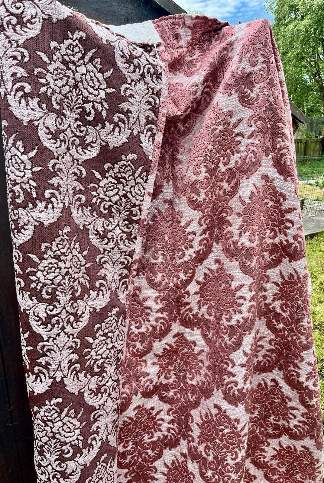 Vintage Pink Damask Curtain Panels W:140cm x D:206cm. 1970s Lightweight VGC