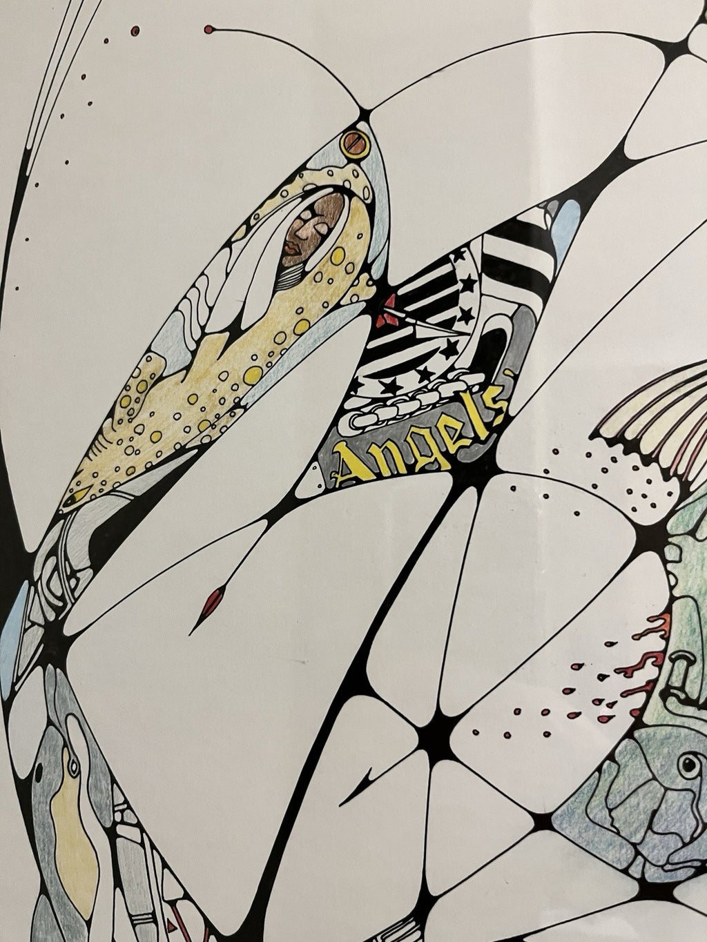Framed Abstract Drawing Signed Tuzan N93 Colourful Surreal Art Design | 71x58cm