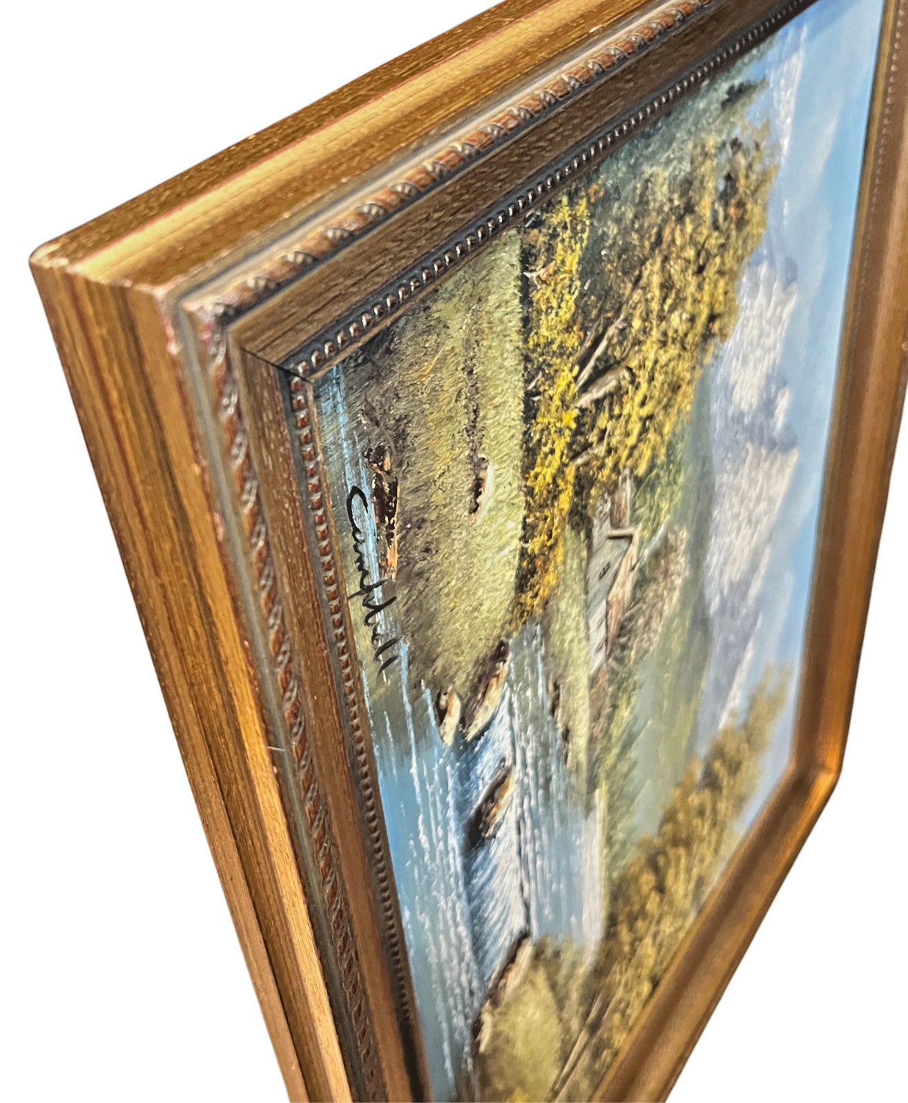 Vintage Oil Painting Mountain Landscape Signed Campbell Gold Gilt Frame 47x37cm