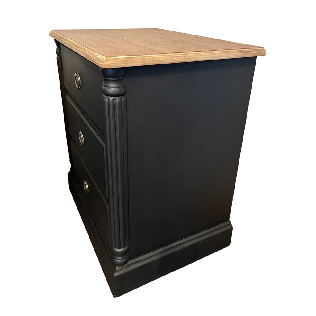 Refinished Black Bedside Tables Pair Vintage Nightstands Wood Top 3 Drawer Cabin