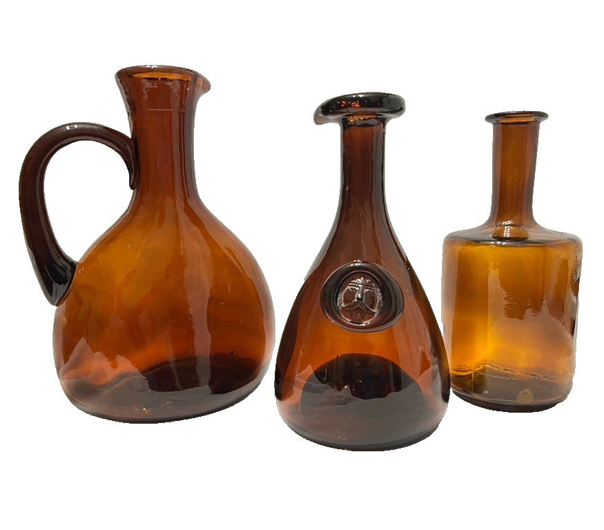 Holmegaard Viking Carafe Amber Glass Bottles Set 3 Vintage 1960s Mixed