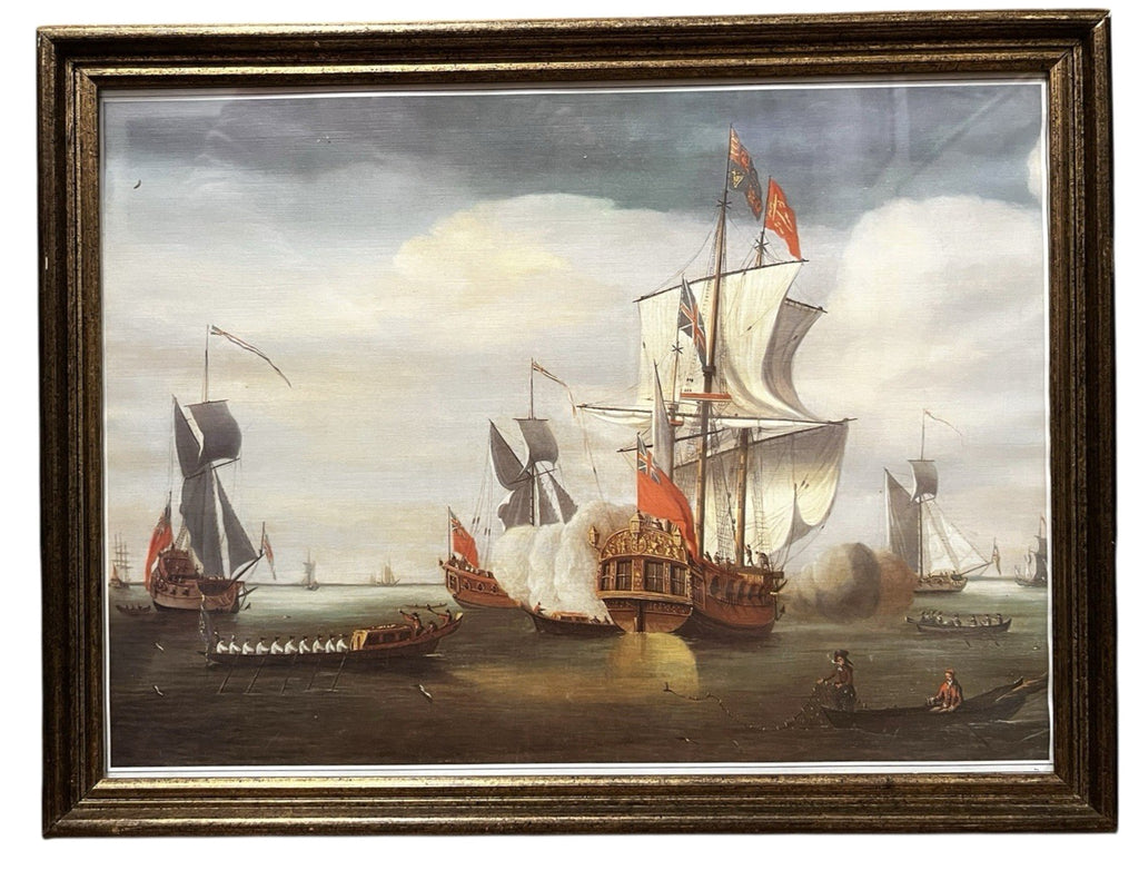 Vintage Maritime Battle Scene Print Framed Naval Ships 42x32cm Tall Ships
