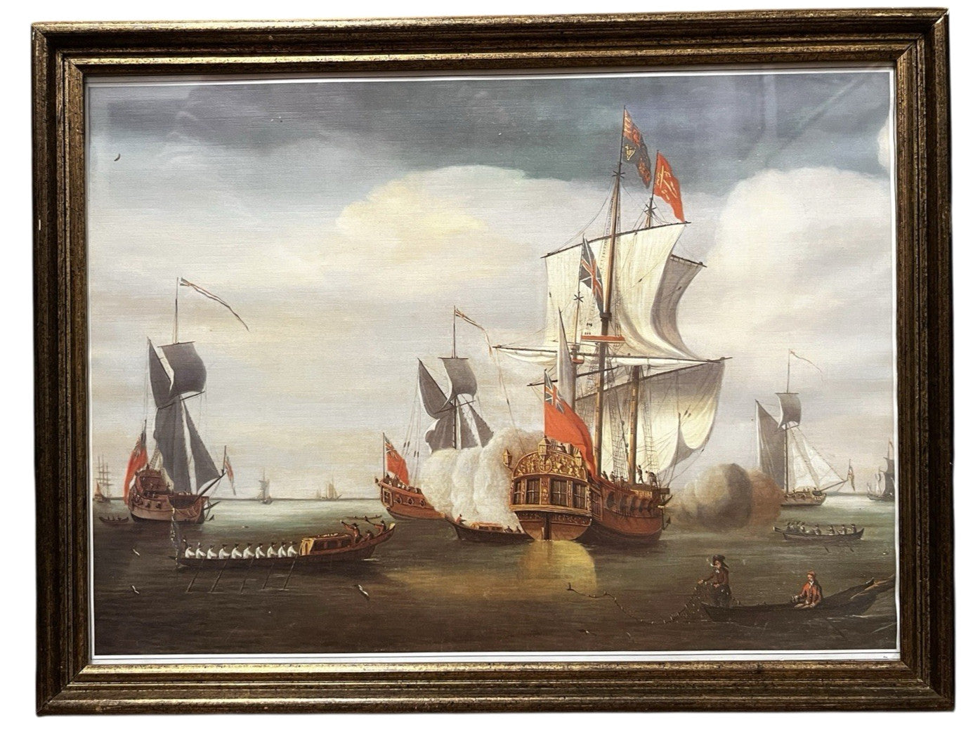 Vintage Maritime Battle Scene Print Framed Naval Ships 42x32cm Tall Ships