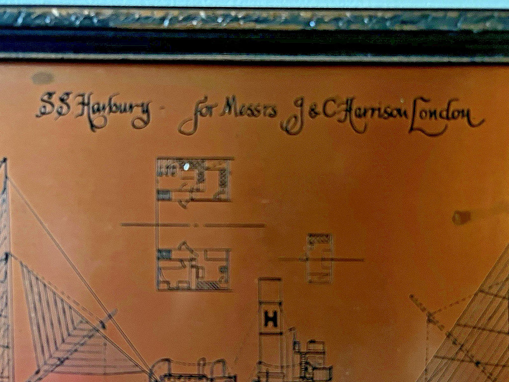 Antique Copper Engraving Ship Plan “S.S. Harbury” Wear Dockyard 1895