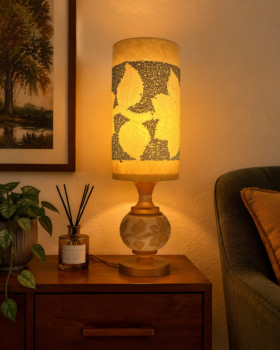 Vintage 1970s Alabaster Table Lamp Carved Leaf Stone Lamp Retro Mid Century