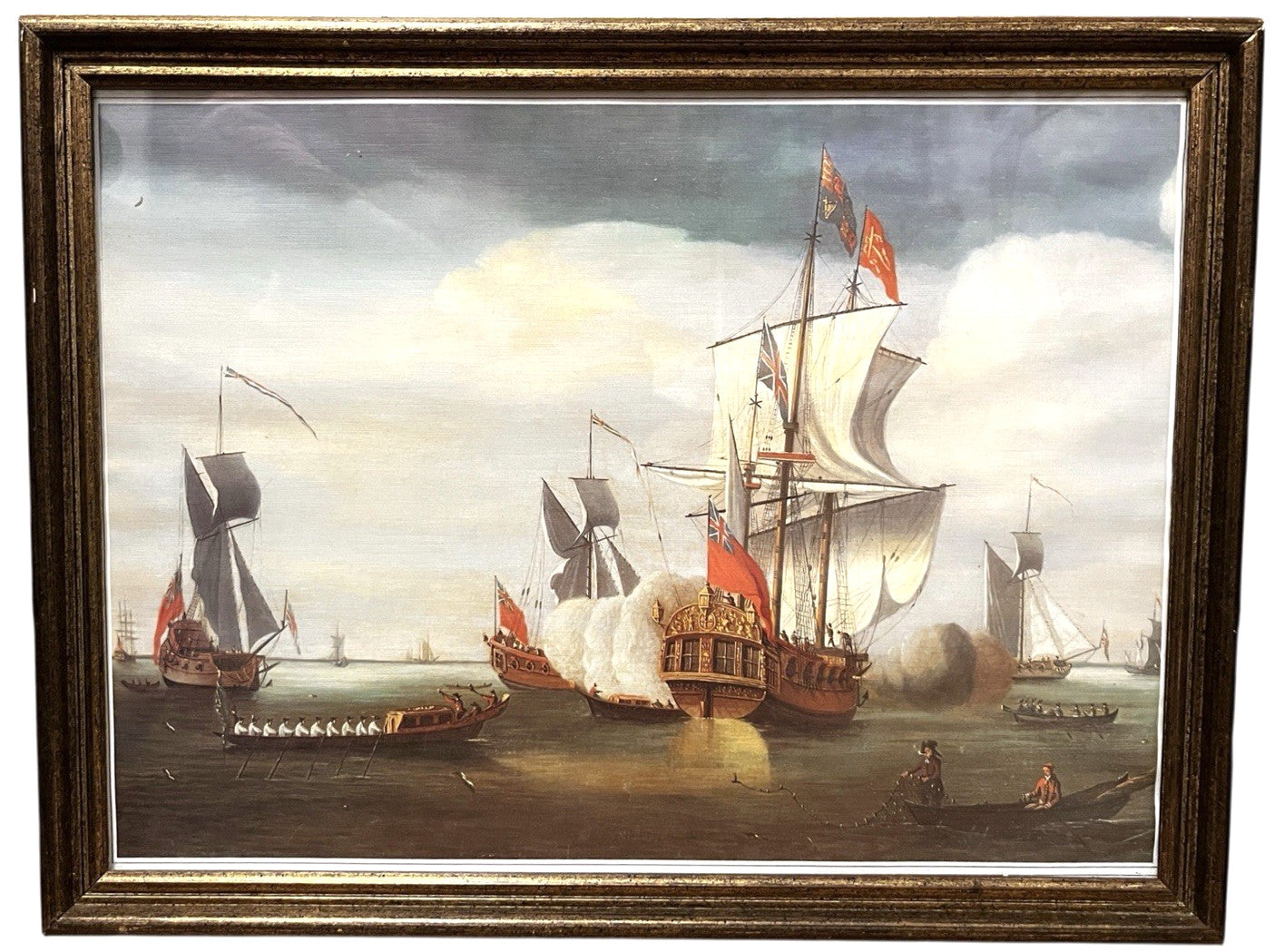 Vintage Maritime Battle Scene Print Framed Naval Ships 42x32cm Tall Ships