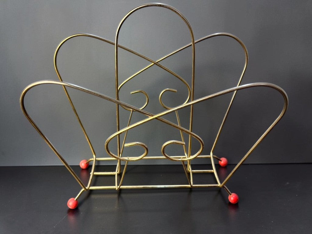 Atomic Wire Magazine Rack Mid Century Metal Record Holder with Red Ball Feet