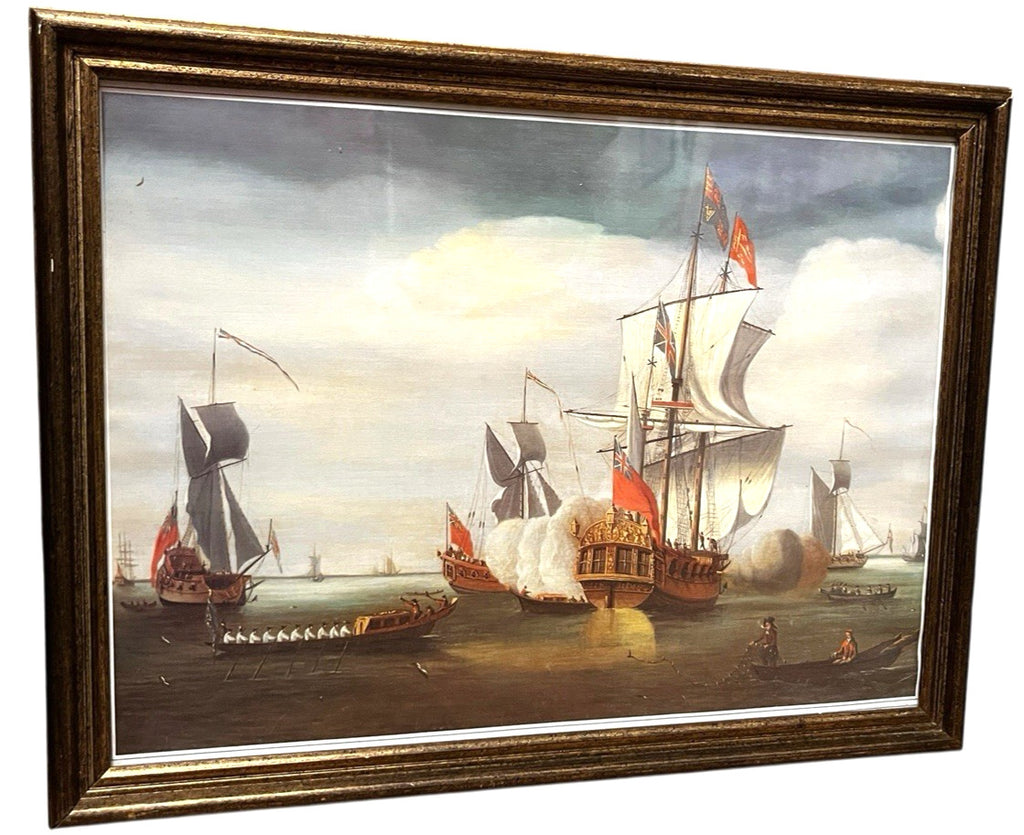 Vintage Maritime Battle Scene Print Framed Naval Ships 42x32cm Tall Ships
