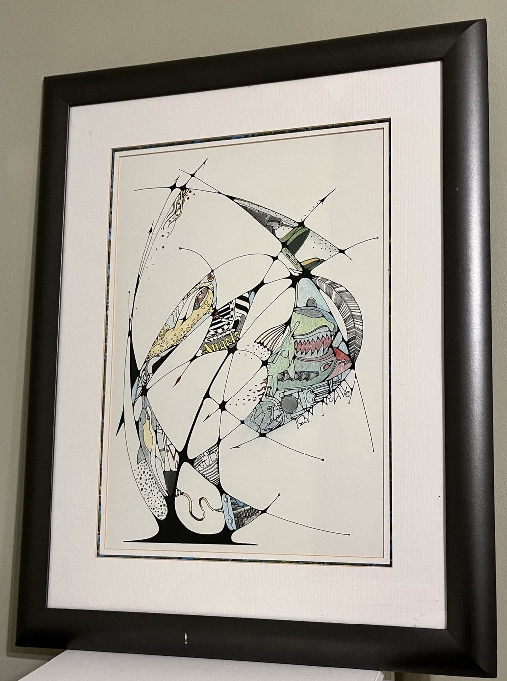 Framed Abstract Drawing Signed Tuzan N93 Colourful Surreal Art Design | 71x58cm