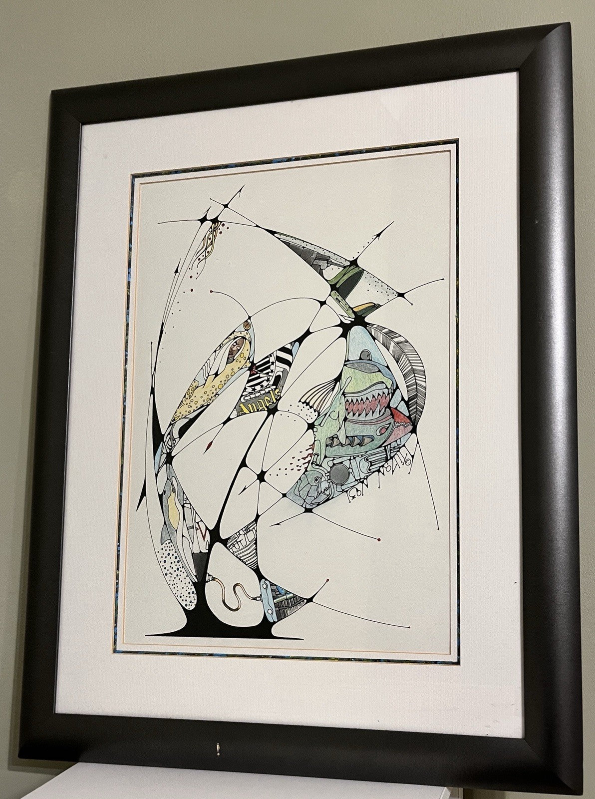 Framed Abstract Drawing Signed Tuzan N93 Colourful Surreal Art Design | 71x58cm