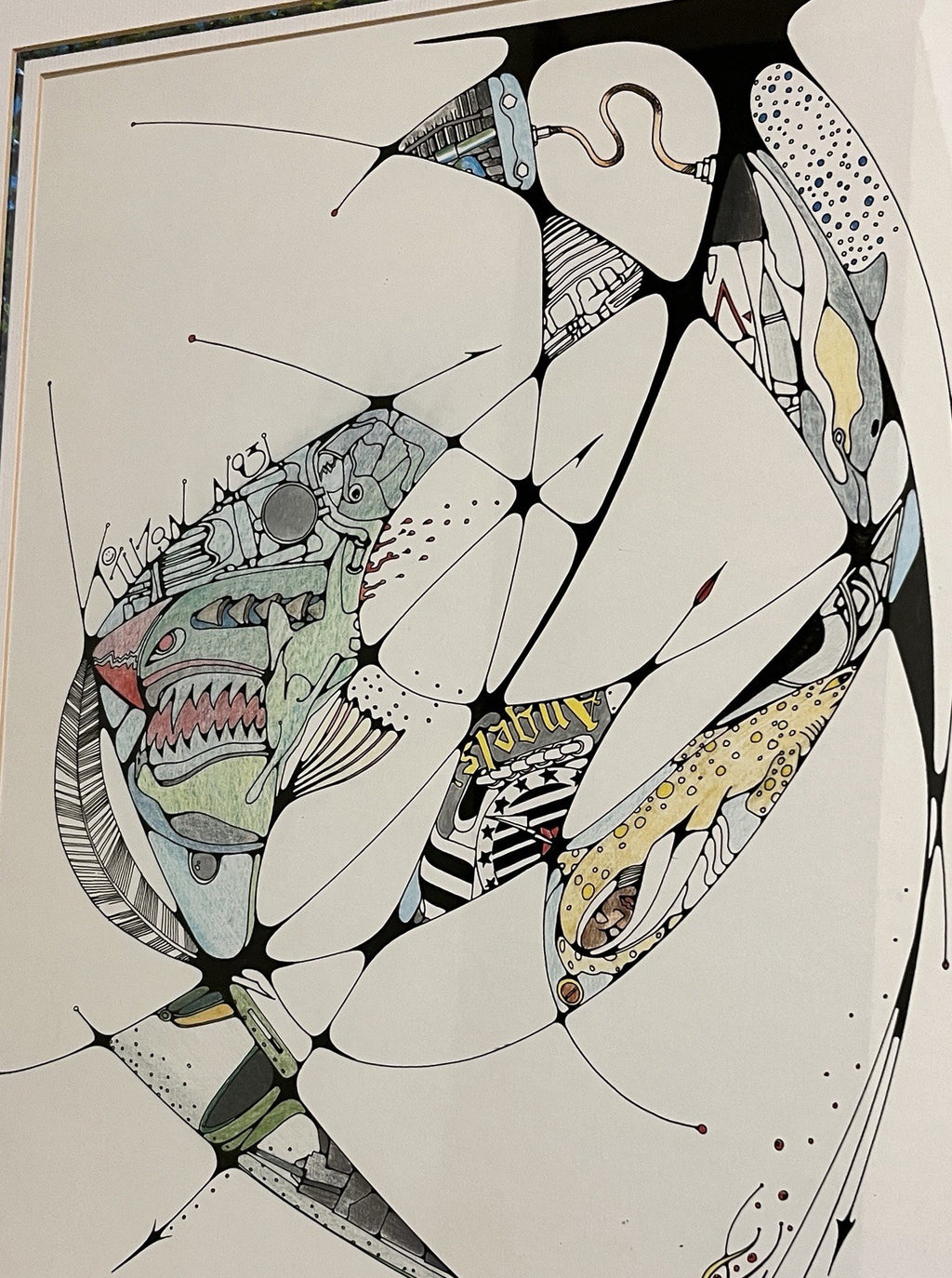 Framed Abstract Drawing Signed Tuzan N93 Colourful Surreal Art Design | 71x58cm