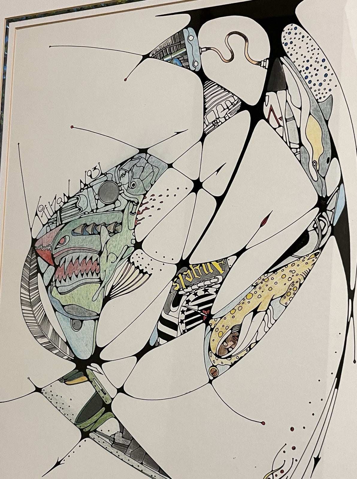 Framed Abstract Drawing Signed Tuzan N93 Colourful Surreal Art Design | 71x58cm