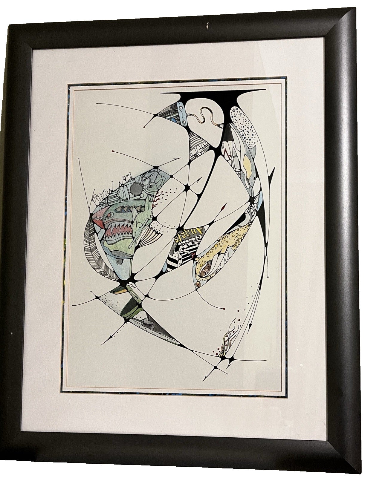 Framed Abstract Drawing Signed Tuzan N93 Colourful Surreal Art Design | 71x58cm