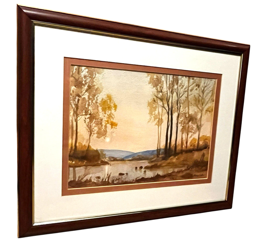 Evening Woodland Lake Watercolour Painting Framed 56x45cm Signed N. Jackson